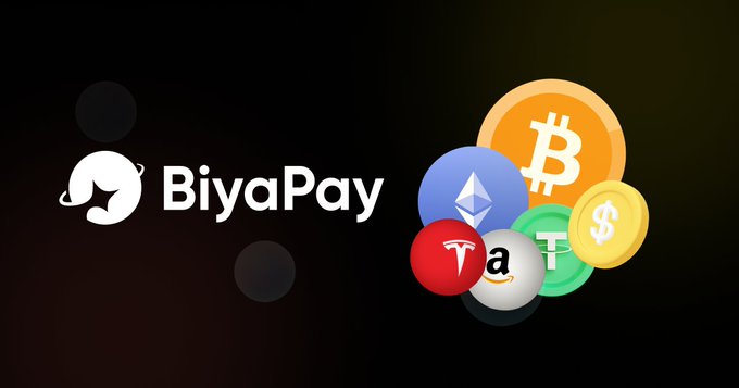 The image shows the BiyaPay logo alongside a cluster of cryptocurrency coins—including Bitcoin (₿), Ethereum (Ξ), Tether (₮), and others—symbolizing the platform's support for both crypto assets and traditional trading like US stocks.

This visual reinforces the post's shift from purely crypto-focused trading to a more integrated financial approach, where platforms like BiyaPay enable users to manage both USDT and US stocks in one place.