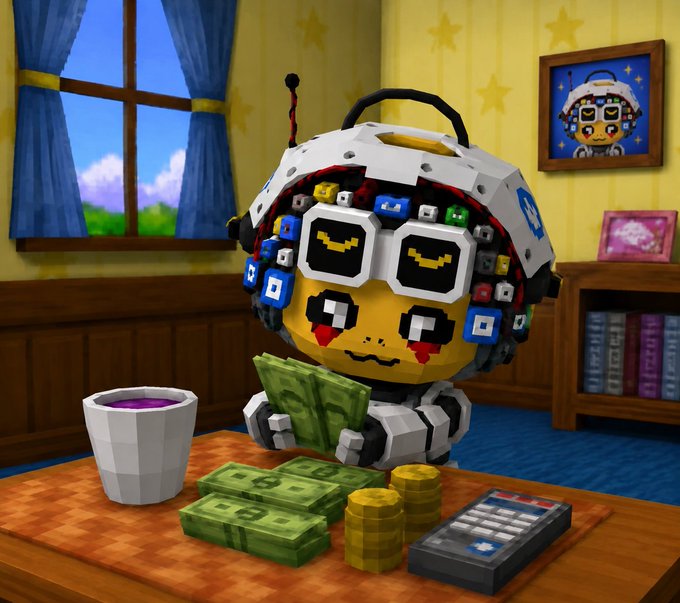 A pixel-art robot character with heart eyes and a propeller antenna counts stacks of green cash and gold coins at a desk, accompanied by a coffee mug and calculator in a colorful bedroom setting. The image humorously illustrates the post's theme of calculating profits from an "eff mint price," with the eager robot and calculator emphasizing the anticipation of earnings from a single mint.
