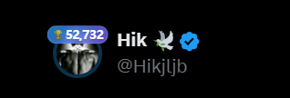 A Twitter/X profile header for user "Hik" (@Hikjjb) showing an avatar of someone in a robe, with 52,732 followers.