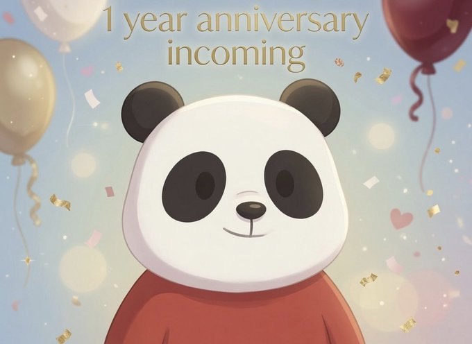An illustration of a cute panda character with a 1 year anniversary celebration background featuring balloons and confetti, with text '1 year anniversary incoming'.