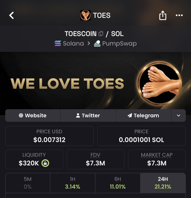 A mobile screenshot of the TOESCOIN/SOL token page on PumpSwap showing a current price of $0.007312, market cap of $7.3M, and liquidity of $320K. The image captures the token in its early stage, contextualizing the ambitious claim of reaching a $500M market cap within 43 days.
