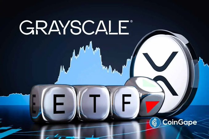 A promotional graphic featuring the "GRAYSCALE" logo above lettered blocks spelling "ETF" alongside the XRP coin, with a blue stock chart in the background, visually reinforcing the post about Grayscale's $180M XRP Trust sale and ETF-related outflows.