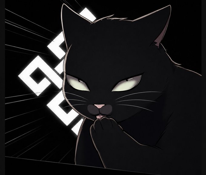 Anime-style illustration of a black cat with glowing eyes and a paw to its mouth, set against a black background with white geometric designs.
