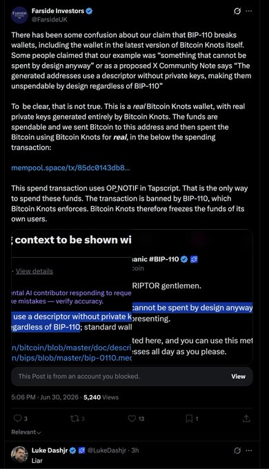 A Farside Investors tweet addressing claims about BIP-110 and Bitcoin Knots wallet functionality, including a blocked X Community Note quote.