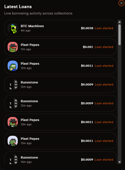 A 'Latest Loans' dashboard showing live borrowing activity across NFT collections including BTC Machines (0.0038 ETH), Pixel Pepes (0.001–0.0011 ETH), and Runestone (0.0009 ETH), with loans started between 4 and 14 minutes ago.