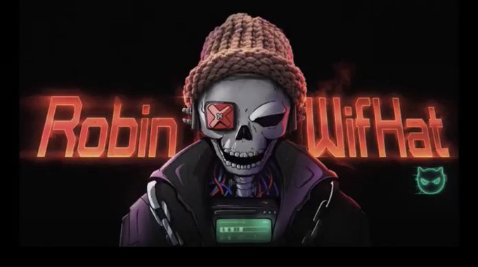 A stylized skull character wearing a beanie and an eye patch featuring an "X" logo appears between the glowing orange text "Robin" and "WifHat," with a small teal cat logo on the right. The image visually introduces "RobinWifHat," the meme coin highlighted in the post as having structural advantages over Pepe, including its tie to Robinhood's L2 chain, 90-day gas subsidies, and first-mover meme positioning.