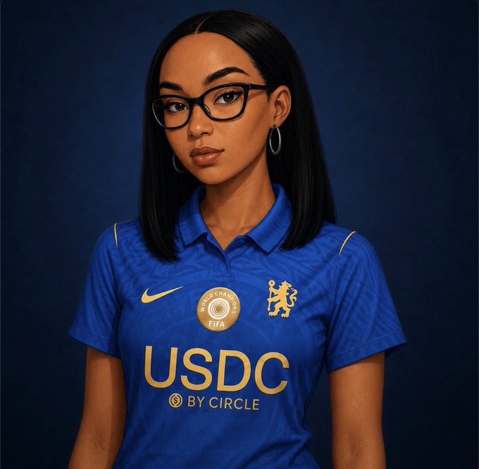 Digital artwork of a woman with glasses and dark hair wearing a blue USDC by Circle soccer jersey with a World Champions badge.