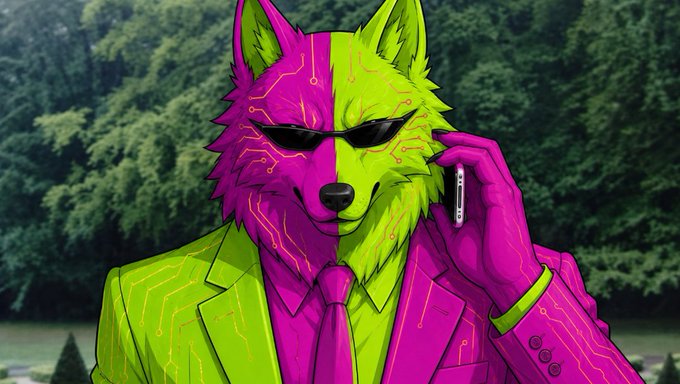 A digital illustration of an anthropomorphic wolf in sunglasses and a suit, split in vibrant pink and green cyberpunk colors, holding a phone to its ear.