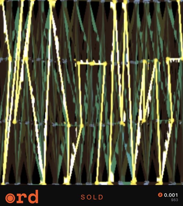 An abstract digital artwork displays vertical streaks of green, yellow, and brown, marked as 'SOLD' on the Ordinals platform for 0.001 BTC ($63).