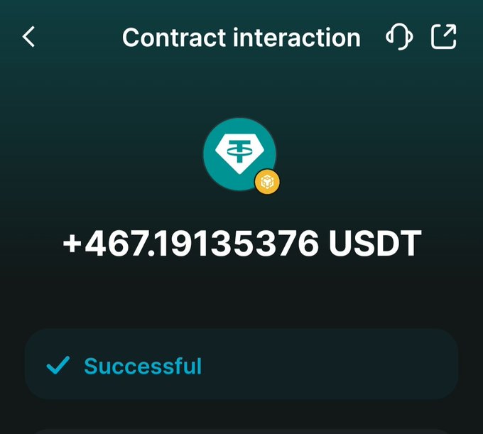 A mobile screen shows a successful crypto contract interaction for '+467.19135376 USDT'.