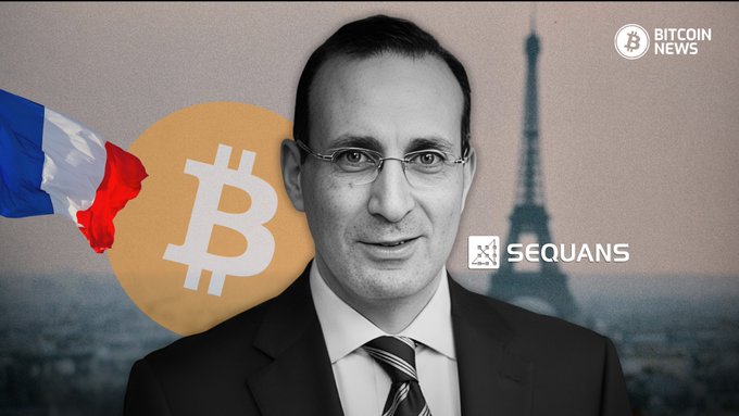The image features a man dressed in a suit standing next to a large circle with a Bitcoin symbol inside. The caption below the image reads "SEQUANS ABANDONS BITCOIN TREASURY STRATEGY $SQNS says it has officially ended its digital asset Treasury strategy after selling a portion of its Bitcoin holdings to redeem all remaining convertible debt issued in July 2025". This suggests that the man is discussing or talking about the company's Bitcoin holdings and their financial situation.