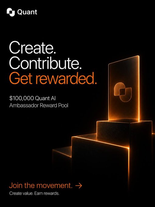 A sleek black promotional graphic for "Quant" features the text "Create. Contribute. Get rewarded." alongside a $100,000 Quant AI Ambassador Reward Pool announcement and a glowing orange 3D award plaque displaying the Quant logo, visually reinforcing the post's message that Quant AI rewards genuine content quality, consistency, and community contribution over mere follower counts.