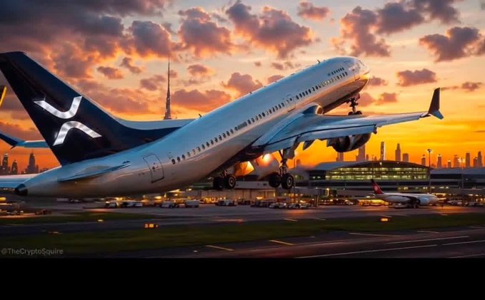A large commercial airplane marked with the XRP logo lifts off from a runway at sunset, visually echoing the post's message that XRP is now being accepted by multiple airlines for flight payments as a real-world adoption milestone. The watermark "@TheCryptoSquire" appears in the bottom left corner.
