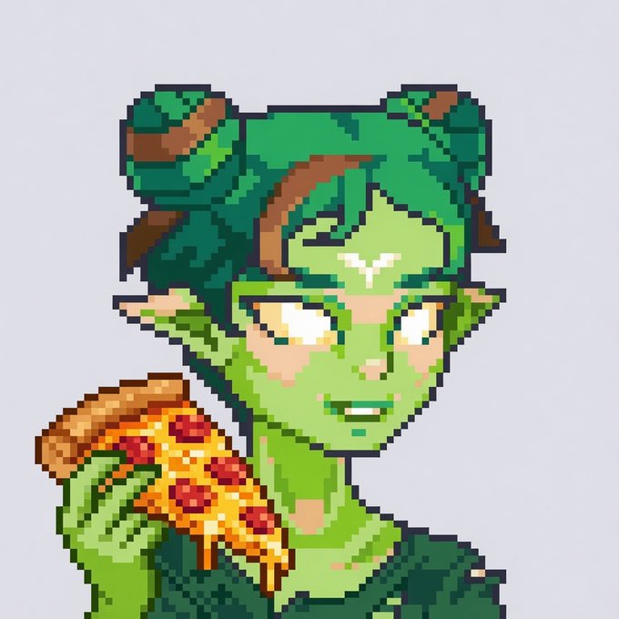 A pixel art illustration of a green-skinned character with pointed ears, holding a slice of pizza with pepperoni, wearing green and orange armor with a bow.
