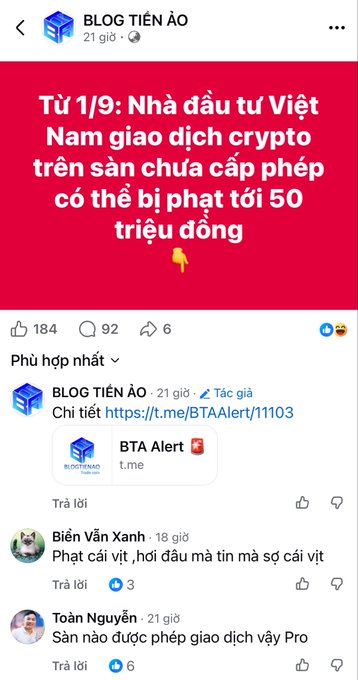 A Vietnamese Facebook post from 'Blog Tiền Ảo' warning that from September 1, Vietnamese investors trading crypto on unlicensed exchanges could face fines up to 50 million VND, with 184 likes and 92 comments.