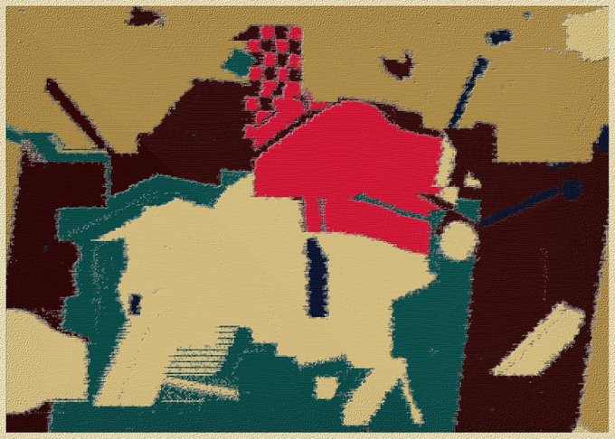 A pixelated, abstract digital painting featuring a central red shape surrounded by beige, dark brown, teal, and black geometric forms.