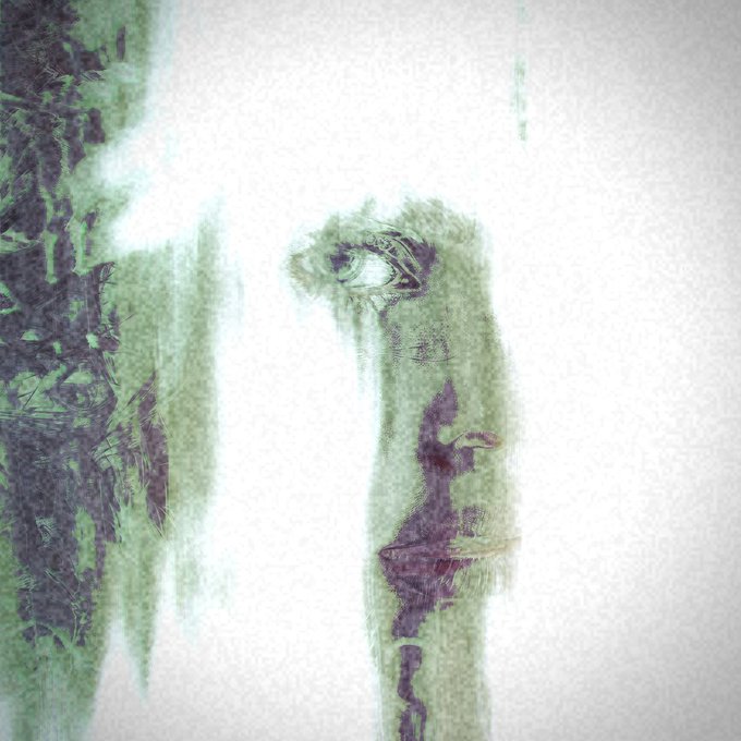 A stylized, digitally rendered face in green and purple tones emerges from a grainy, textured background, evoking the ethereal, dissolving quality suggested by the title "Melt" from the 99 Faces of Eternity series.
