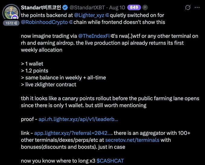A crypto Twitter post by @StandartXBT reveals that Lighter.xyz points have been quietly activated on the RobinhoodCrypto backend for 1 wallet (address starting with "0x...2e2"), though the frontend doesn't display them, hinting at an upcoming public rollout. The post suggests trading via RWA.xyz (including terminals like rwa[.]jwtf) or other platforms could earn Lighter airdrop points via API, tying into the broader INDEX flywheel where trading fees fund $INDEX buybacks.