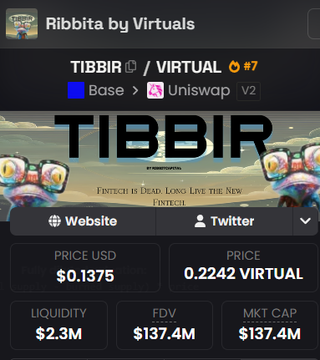 A cryptocurrency page displays 'Ribbita by Virtuals' with the ticker 'TIBBIR', showing a price of $0.1375 USD / 0.2242 VIRTUAL, liquidity of $2.3M, and a market cap/FDV of $137.4M on Base via Uniswap V2.