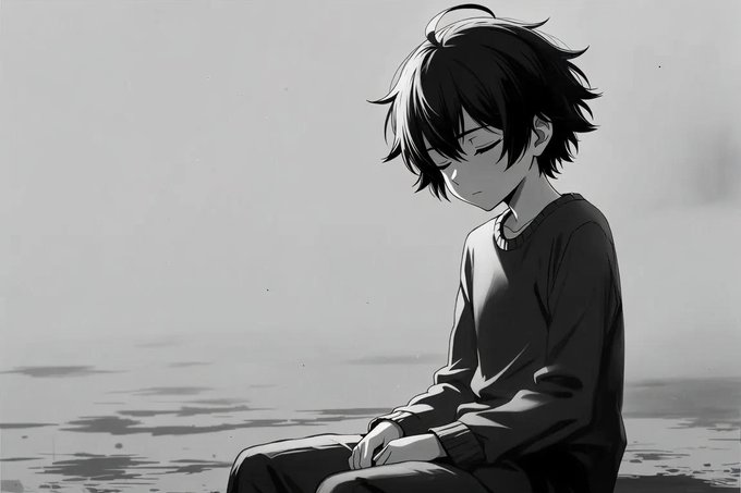 A black-and-white anime-style illustration of a young person with messy dark hair, wearing a loose sweater, sitting with their head bowed in a somber pose.