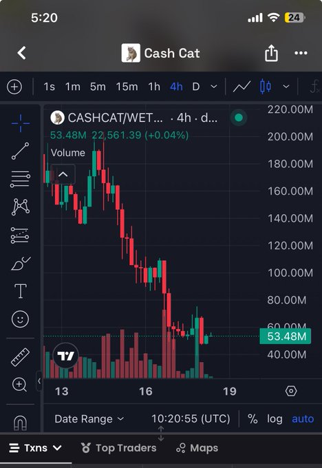 The image displays a 4-hour candlestick chart of CASHCAT/WET on TradingView, showing a sharp decline from around 180M to its current price near 53.48M, reflecting the post's mention of CASHCAT losing nearly 75% from its peak with a market cap around $53M. The downward trend in the chart visually supports the claim about weakening bullish momentum and capital rotating away from the token.