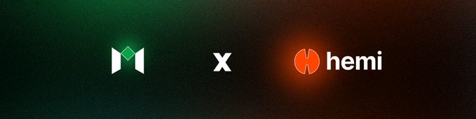 The image features a banner that says "M + X" with an orange logo below it, which reads "Hemi". The background of the image is black, making the white text stand out. The caption at the bottom of the image states "We are happy to collaborate with @hemi_xyz", indicating that Hemi and Mintora have joined forces for a project. The image also mentions that the project is available on Hemi!.