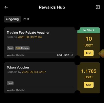 A mobile app screenshot displays a Rewards Hub showing a Trading Fee Rebate Voucher for 10 USDT (Spot, 50% Rebate) and a Token Voucher for 1.1785 USDT, both currently redeemable.