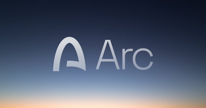 The Arc browser logo, a stylized 'A' symbol next to the word "Arc," displayed against a gradient blue and orange sky background.