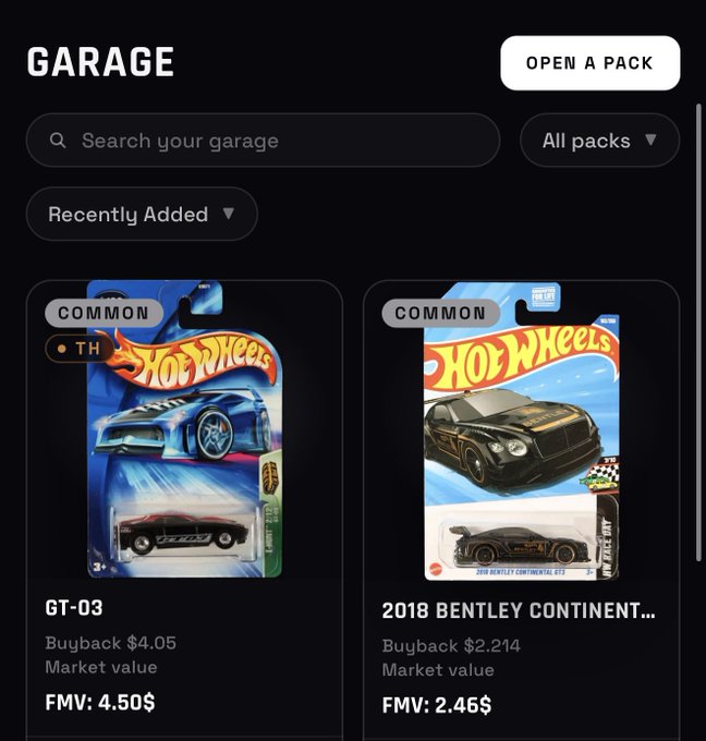 A screenshot of a Hot Wheels digital collection app called 'GARAGE' showing two 'COMMON' cards: a 'GT-03' with FMV 4.50$ and a '2018 BENTLEY CONTINENTAL GT3' with FMV 2.46$.