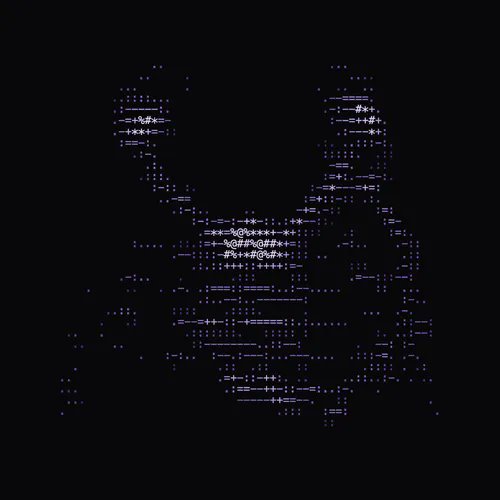 ASCII art of a figure (possibly a person or character) rendered in purple characters including @, #, =, +, and %, displayed on a black background, representing the digital artwork from the NTRPY NFT #3102 sold on OpenSea.