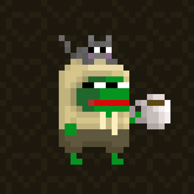 A pixel art character resembling a green zombie wearing a crown and tan robes stands against a dark checkered background, holding a white mug.