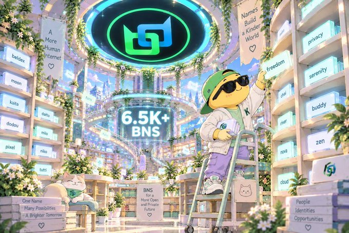 A digital illustration features a yellow mascot character wearing sunglasses standing on a ladder in a library-like space, promoting '6.5K+ BNS' and 'A More Human Internet' with various names on blocks like 'freedom,' 'privacy,' and 'beldex.'