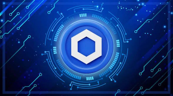 Abstract digital graphic featuring a glowing white hexagon inside a futuristic blue circular interface with circuit patterns.