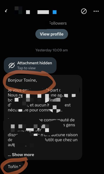 A screenshot of a social media post with French text starting 'Bonjour Toxine' and ending 'Tofin', with portions of the message blurred out.
