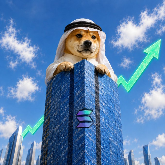 The image shows a Shiba Inu dog wearing traditional Middle Eastern headdress (keffiyeh) perched atop a towering blue skyscraper, with green upward-trending arrows in the background—all set against a skyline under a bright sky. The dog's paw rests near a Solana (SOL) logo on the building, visually representing the post's claim of scaling $WIF to seven figures and positioning $DARKY (CA: GTQJCBLiNVG3zjPfz3VAM7pRPoaULP88xH8P6m7kpump) as the next memecoin breakout.