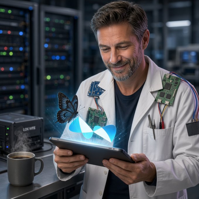 An AI-generated image of a smiling scientist or engineer in a lab coat with circuit boards attached to his shoulders, holding a tablet that displays a blue butterfly hologram, with servers in the background.