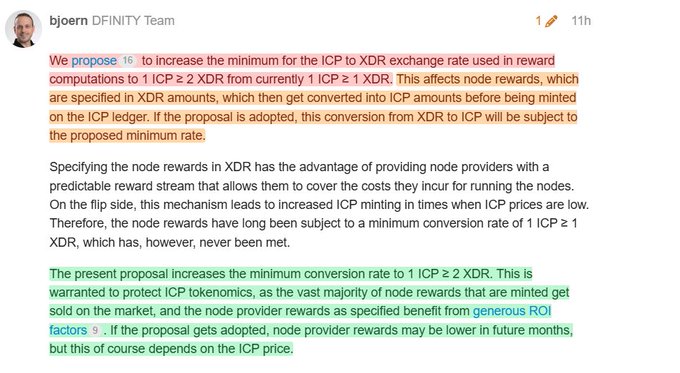 The image is a screenshot of a Twitter/X post by bjoern of the DFINITY Team (posted 11 hours ago) proposing to increase the minimum ICP to XDR exchange rate for reward computations from 1 ICP ≥ 1 XDR to 1 ICP ≥ 2 XDR, as indicated in the accompanying caption about $ICP tokenomics.