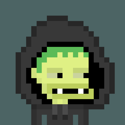 A pixel art portrait of a green-skinned zombie or monster character with a wide grin and wearing a dark hooded cloak against a dark teal background.
