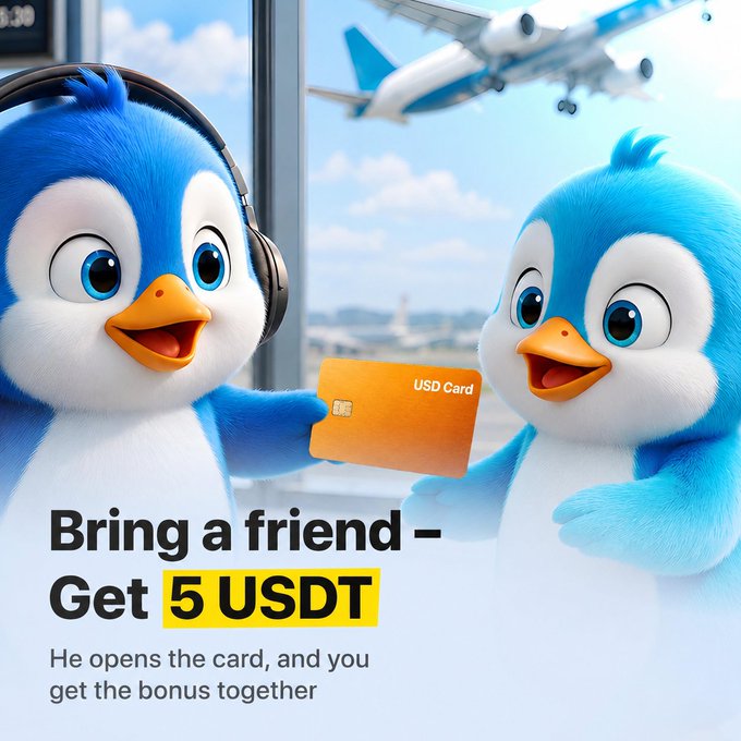 A promotional advertisement featuring two cartoon penguins with headphones at an airport, with text reading 'Bring a friend – Get 5 USDT' and 'He opens the card, and you get the bonus together.'
