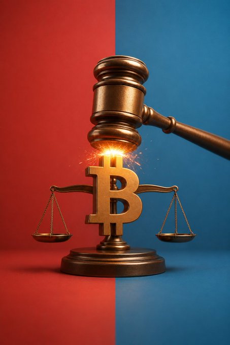 A gavel strikes a golden Bitcoin symbol that serves as the center post of a balance scale, set against a split red and blue background.