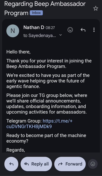 The image shows a message from someone named Nathan D. to another person, expressing their interest in joining the Beep Ambassador Program. The email contains a link to the program's website, which Nathan D. found interesting enough to share with others. They are excited about the opportunity and want to become an ambassador for the program.