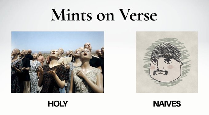 A humorous meme-style graphic titled 'Mints on Verse' comparing a black-and-white photo of people gazing upward ('HOLY') with a simple cartoon drawing of a scowling man with a bowl cut ('NAIVES').