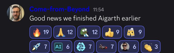A Discord message from user "Come-from-Beyond" saying "Good news we finished Aigarth earlier" with various emoji reaction counts.