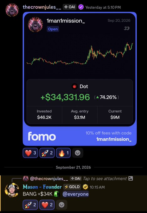 A Discord post by "thecrownjules__" shares a Fomo app screenshot showing a VIP user "1man1mission_" with a +$34,331.96 (74.26%) gain on a token called "Dot," correlating with the caption about a member's $34K gains.