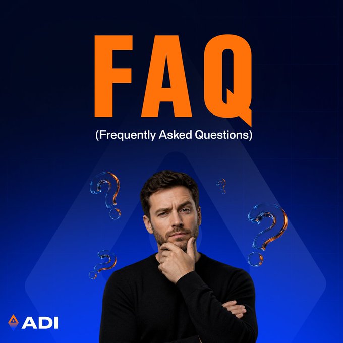 The image shows a thoughtful man in a black sweater with his hand on his chin, surrounded by floating 3D question marks, with large orange "FAQ" text and the subtitle "Frequently Asked Questions" displayed above him against a dark blue background. The ADI logo appears in the bottom left corner, visually reinforcing the post's focus on addressing the five most commonly asked questions about $ADI staking.