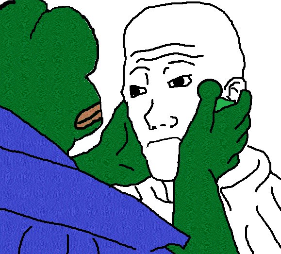 A simple drawing showing a green frog-like figure touching the face of a bald human character.