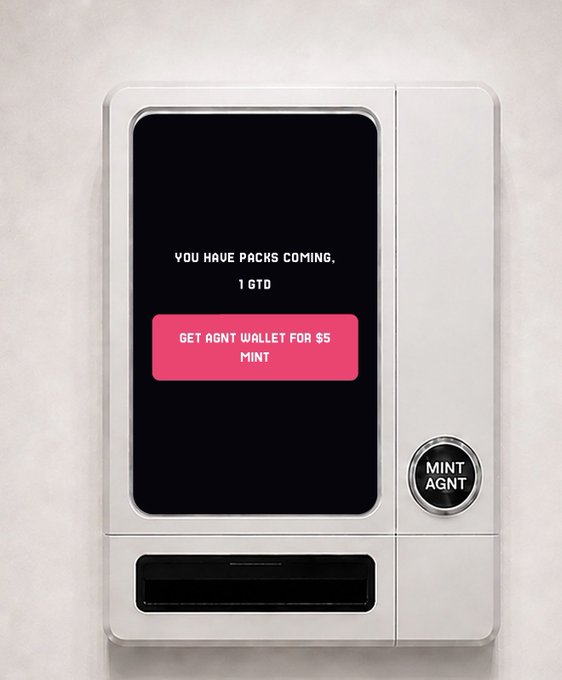 A sleek white vending machine features a digital screen displaying "YOU HAVE PACKS COMING. 1 GTD" with a pink button reading "GET AGNT WALLET FOR $5 MINT," alongside a "MINT AGNT" button. This ties to the AGNT token launchpad promotion, highlighting the $5 mint opportunity referenced in the post about predicting price for the AGNT PFP project.