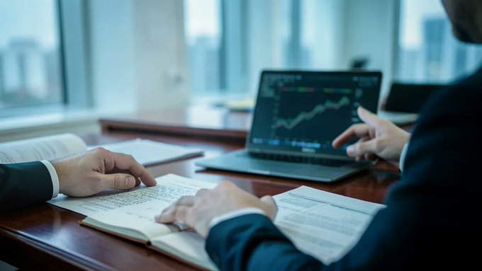 Two businesspeople in suits review documents and financial charts on a desk in a high-rise office overlooking a city skyline.