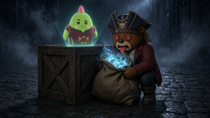A 3D-rendered image featuring a green pickle-like character in a crate emitting a glow, next to a pirate bear character holding a sack of glowing blue coins.