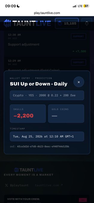 A screenshot of the Taunt Live app showing a SUI Up or Down daily prediction wallet entry, with 2,800 Crypto at 0.22 plus 200 fee, resulting in -2,200 Skulls.